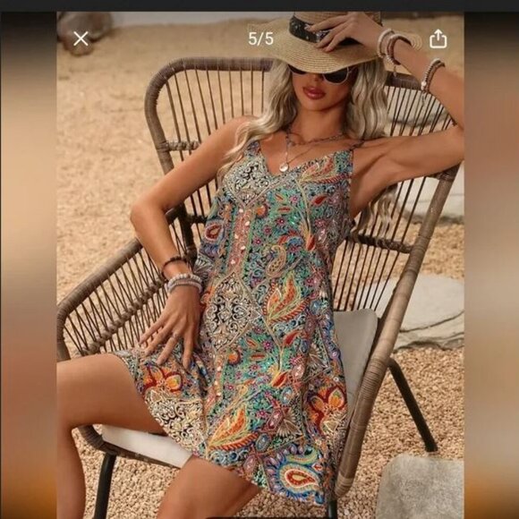 🥑2/100🥑NWT Colorful Summer Vacation Dress Spaghetti Straps Mini Dress V-neck - Picture 2 of 14